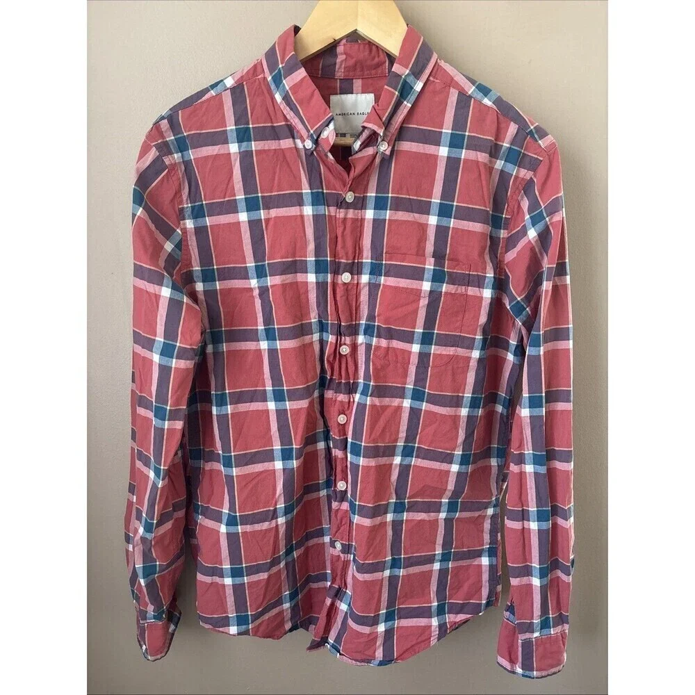 American Eagle Men’s M Red Blue Plaid Button-Down Dress Shirt Casual
